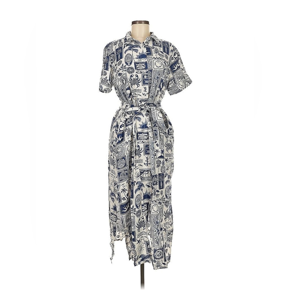 Linen blend patterned vacation button down dress